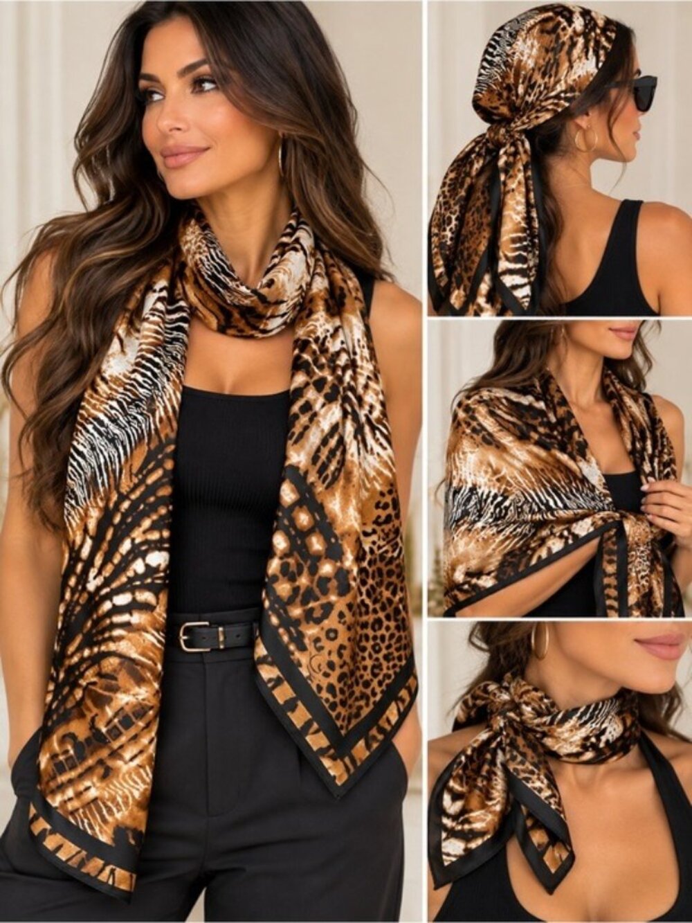 Oscar de la Renta Brown Mixed Animal Print Scarf Wrap Shawl Mob Wife Statement